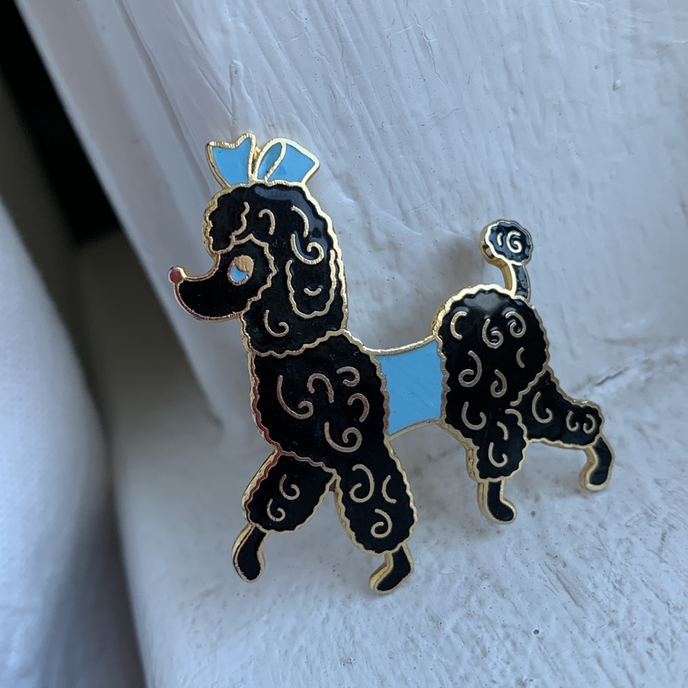 Fancy black French Poodle pin with blue eyes, sweater + bow EUC